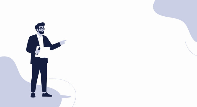 Businessman pointing and holding document, modern flat illustration, business concept