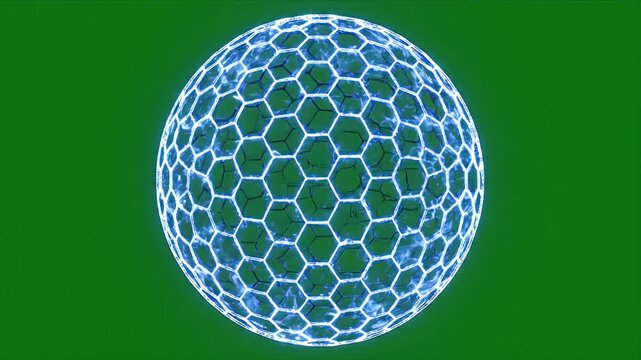 Cinematic CGI Blue Energy Shield Sphere Interception Zone Formed by Hexagonal Grid on Green Screen Background