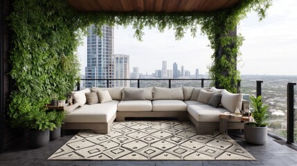 Fototapeta premium Chic modern outdoor lounge area with greenery, city skyline view, comfortable seating, elegant decor, and stylish textile accents for relaxation or entertainment