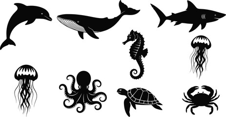 Marine animal silhouettes collection including dolphin whale shark jellyfish octopus seahorse turtle and crab isolated on white background ocean wildlife vector illustration set © boishakhisarker