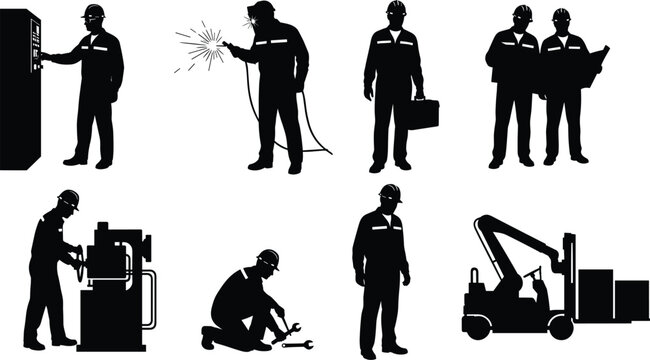 Industrial worker silhouettes with safety helmets performing factory tasks including welding, machine operation, blueprint review, forklift driving