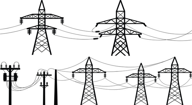 Black and white of various power transmission towers and utility poles with electrical lines power grid