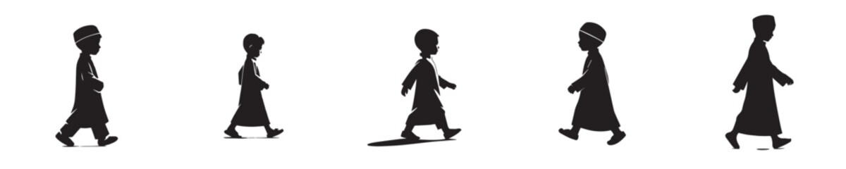 vector silhouette of a Muslim little boy walking gesture side view