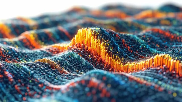 Vibrant colorful pixels forming an intricate digital landscape, small square elements creating an abstract surface with a dynamic undulating pattern, rich texture present.