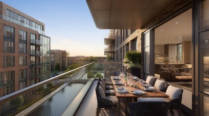Fototapeta premium Stylish Urban Balcony with Dining Table Overlooking Scenic Waterway at Sunset in Contemporary Apartment Building