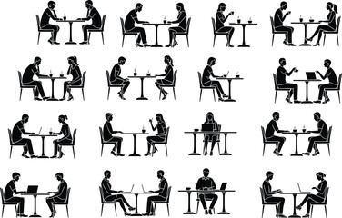 Obraz premium business meeting silhouettes, people talking at table, interview discussion scene, negotiation partners sitting, teamwork communication concept, flat black icon set