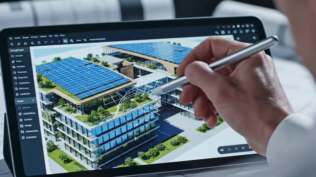 person interacting with digital architectural blueprint on tablet.