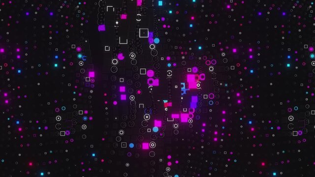 Seamless loop of abstract geometric glowing cubes rings and spheres for minimalist motion backgrounds, VJ sets, high-tech club visuals,  electronic music festivals, stage screens and LED video walls