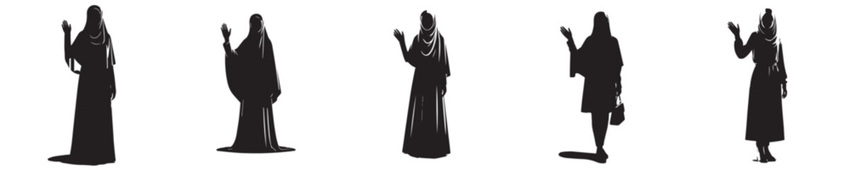 Naklejka premium vector silhouette of a muslim woman standing waving her hand