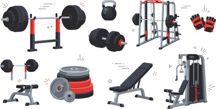 Gym fitness equipment collection with barbell dumbbells kettlebell weight plates bench press machine and workout gloves flat vector illustration set