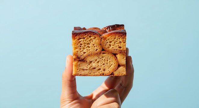 hand holding a bread pudding square