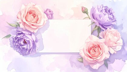 Elegant Watercolor Floral Frame with Roses and Peonies for Greeting Cards and Invitations