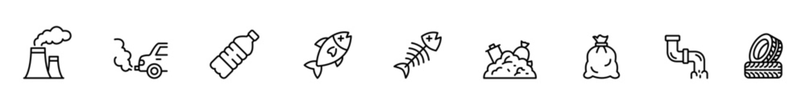Pollution icon smoke icon plastic bottle icon dead fish trash heap garbage bag leaking pipe oil barrel outline symbol environmental damage icon line illustration of pollution icon smoke icon