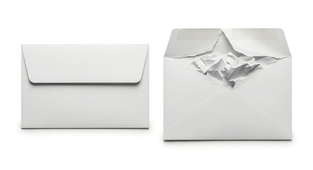 White envelope and crumpled paper box on white background
