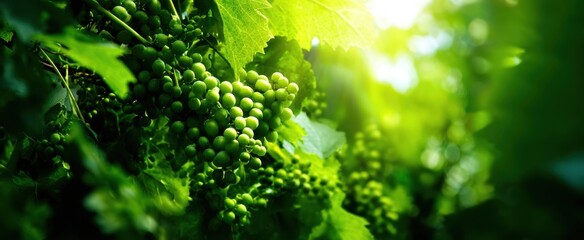 Naklejka premium The Grape Cluster in a Sunlit Vineyard with Fresh Green Leaves and Bokeh Background