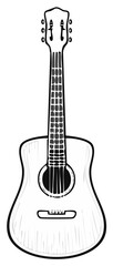 Acoustic guitar sketch with strings, sound hole, and headstock. Classic musical instrument, vector illustration