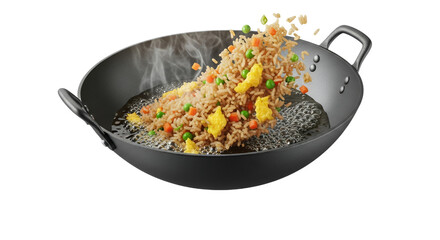 Golden fried rice with vibrant peas, carrots, and egg expertly tossed in a steaming hot wok.
