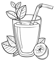 Glass of Fresh Juice with Mint Leaves and Lemon Slice Line Art Illustration
