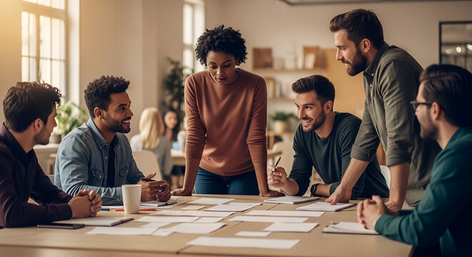 Diverse group of business professionals collaborating around a table with documents creating strategies in modern office setting