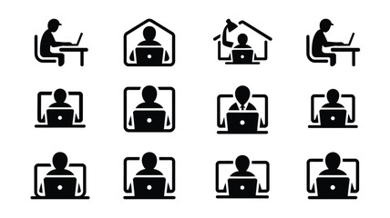 Silhouettes of people working from home on laptops and computers in various settings and poses