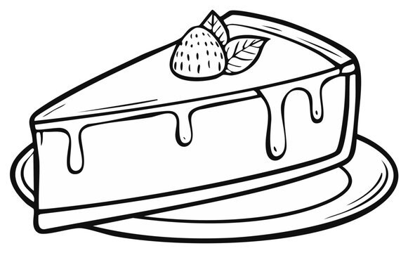 Cheesecake slice with strawberry topping and glaze on a plate, black and white illustration.