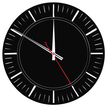 Modern black analog clock face with white hour markers and red second hand showing nearly one o'clock