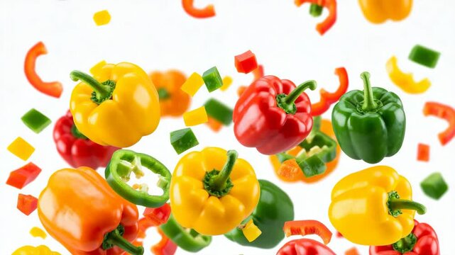 Colorful bell peppers in various stages of slicing falling against a white background