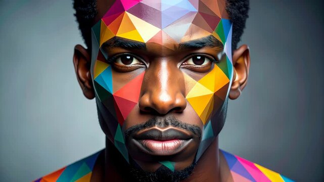 Close-up portrait of a Black man with a face patterned with vibrant geometric shapes, abstract design
