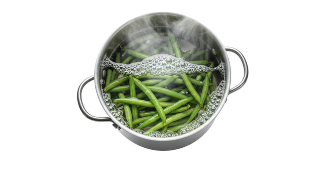 Fresh green beans boiling in a metal pot, cooking vibrant vegetables for a healthy meal. Preparing nutritious greens with steam rising from the hot