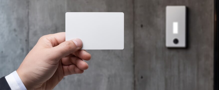 The access card held near a modern door access control reader on concrete wall