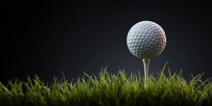The Golf Ball on a Tee in Dewy Grass with Dramatic Dark Background