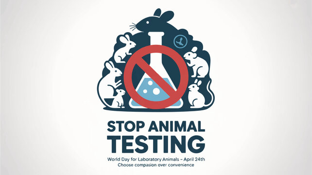 Stop animal testing logo with animals silhouette and red prohibition sign on white background