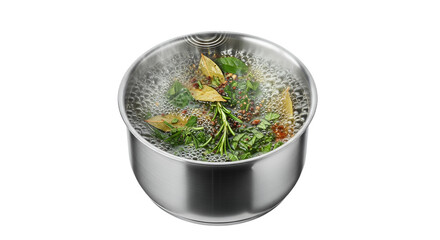 Vibrant fresh herbs and aromatic spices gently boiling in a gleaming pot, releasing fragrant steam for culinary delight