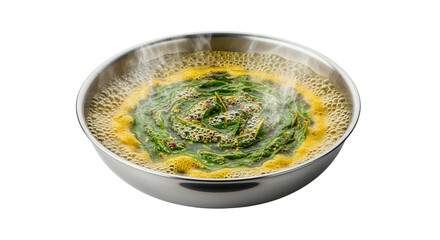 Hot nutritious green vegetables bubbling in a savory golden soup base with rising vapor