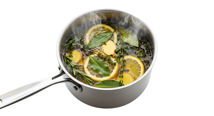 Aromatic simmering pot with fresh lemon, ginger, and herbs creating a comforting herbal infusion on a white background