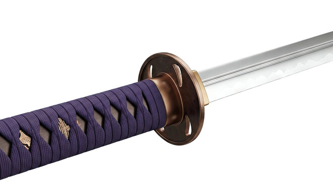 Close-up of a Japanese Katana with purple ito wrap and tsuba