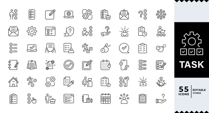 Task icon set. Containing checklist, poll, multitasking, decision, voting, checkbox, Task. Problem solving, checklist Outline Icon Collection. Editable stroke.