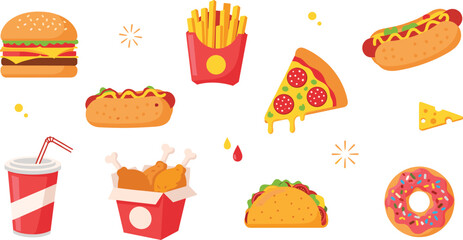Fast food collection set with burger fries hot dog pizza donut taco fried chicken and soda drink flat vector illustration © MstBabli