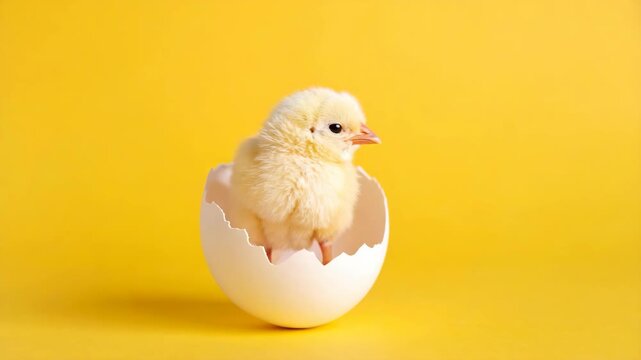 Fluffy yellow chick emerging from a cracked white egg on a bright yellow background