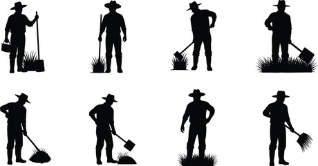 Collection of farmer silhouette characters using shovel rake and farming tools in field, agriculture worker poses isolated black vector set for rural farming activity illustration © uzzala