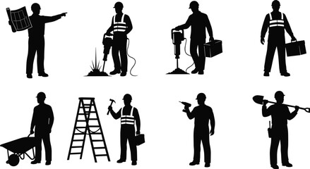 Construction worker silhouette collection with tools and equipment, builder, engineer, technician, drilling worker, ladder, wheelbarrow, hammer and shovel isolated vector icon set © uzzala