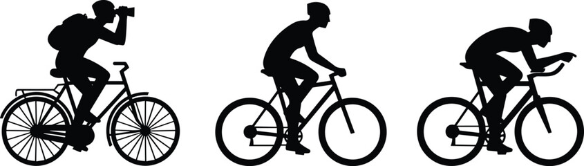Fototapeta premium Cyclist riding bicycle silhouette set showing different cycling styles including photographer cyclist, casual rider and racing bike athlete isolated on white background for sport concept