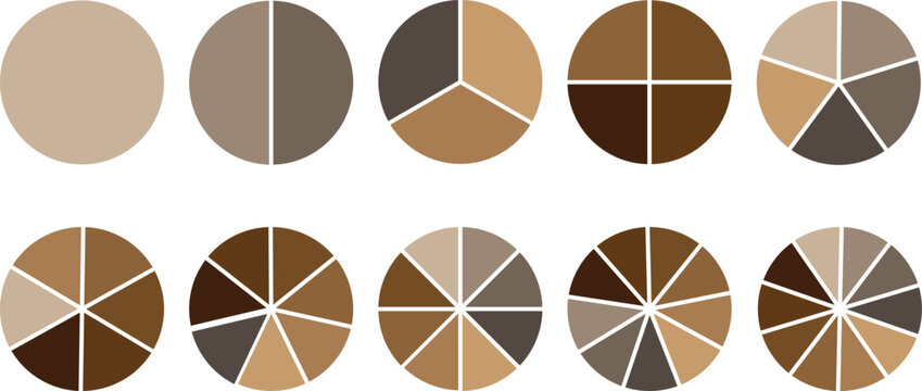 Pie chart set, segmented circle icons, circle diagram. Pie chart divided 1,2,3,4,5,6,7,8,9,10, equal parts. Infographic wheel segment or section parts. Pie charts diagrams.