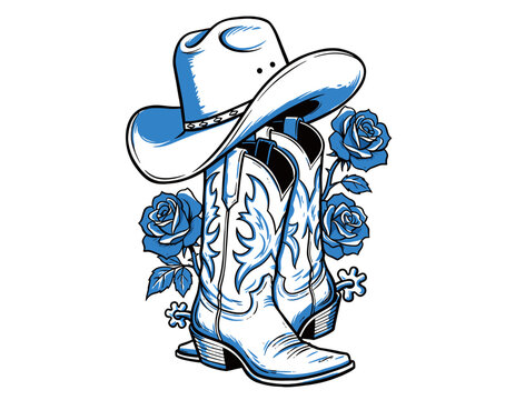 Cowboy hat, boots, spurs, blue roses, western illustration, wild west, country music, rustic, vintage, rodeo, tattoo style graphic