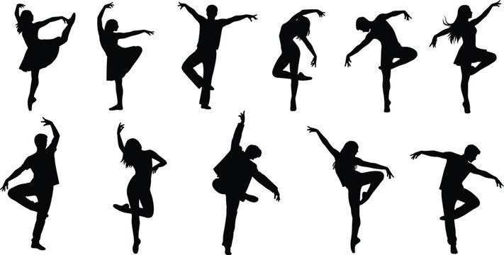 Dance performer silhouettes collection showing male and female dancers in elegant ballet and contemporary poses isolated on white background performing arts vector set