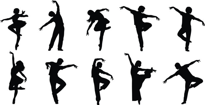 Dancer silhouettes collection showing ballet and contemporary dance poses with male and female performers isolated on white background performing arts vector illustration set