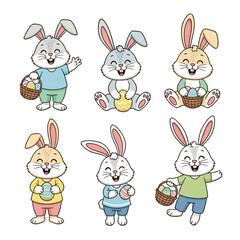 Fototapeta premium Joyful cartoon rabbits displaying festive eggs and baskets, celebrating spring