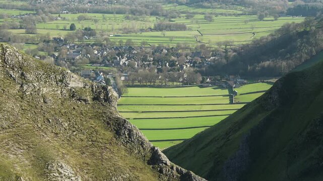 Scenic viewpoint from Winnats Pass, overlooking Castleton and rural Derbyshire