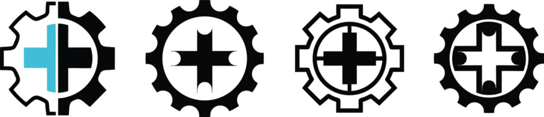 Obraz premium Industrial Medical Icon Set Gear and Plus Symbol Combinations for Engineering and Healthcare Services