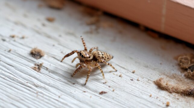 Close-Up View of a Spiderling on a Wooden Surface Amid Dust Particles